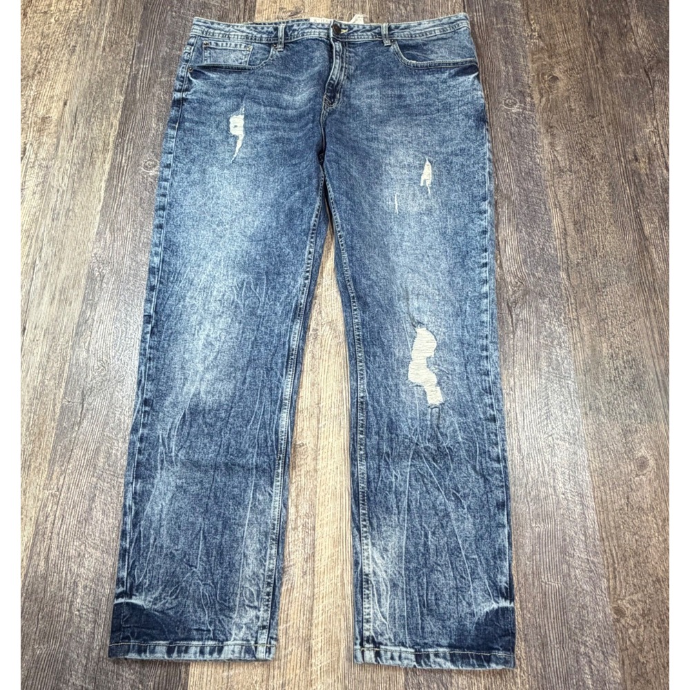 Jeanius Akademiks Mens Acid Wash Distressed Straight Leg Jeans Blue 40x30